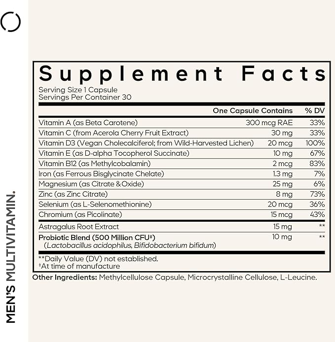 Codeage Men's Multivitamin - Daily Vitamins for Men with Vitamin A C D3 E B12 Magnesium Zinc Iron Chromium Probiotics Astragalus &amp More - 1 Capsule Per Serving - 30 Capsules