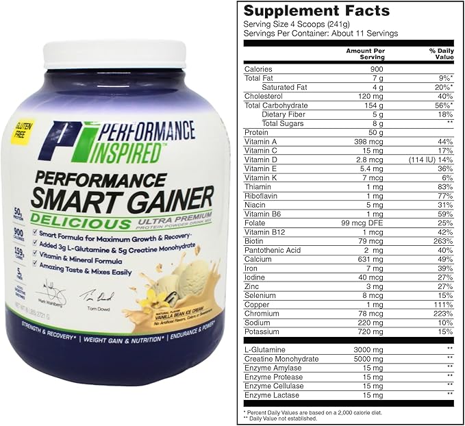 Performance Inspired Nutrition Smart Mass Gainer – 50G Protein 900 Calories Creatine L-Glutamine &amp Digestive Enzymes – Muscle Growth &amp Recovery – Vanilla Bean Ice Cream – 6 lb
