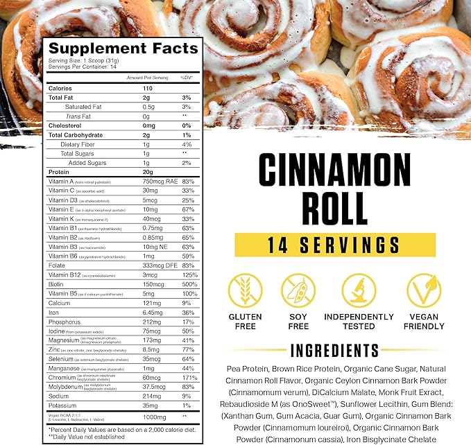 Ambrosia Planta - Premium Plant-Based Protein | Vegan &amp Keto Friendly | Gourmet Flavors with No Bloating or Stomach Upset | Gluten &amp Soy Free | No Added Sugar | 14 Servings | (Cinnamon Roll)