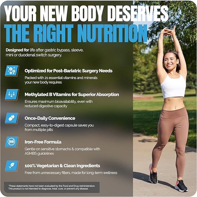 Shiny Leaf Methylated Bariatric Multivitamin Without Iron – Vitamins for Gastric Bypass &amp Sleeve 1 Daily Capsule W Methylated Folate B12 A C D K &amp More. Vegetarian Soy-Free USA Made (6