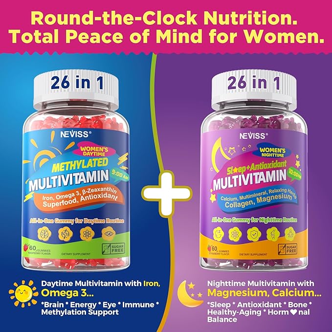 NEVISS 52-in-1 Methylated Multivitamin for Women Gummies with Iron Omega-3 B6 B9 B12 for Day | Magnesium Glycinate Calcium Collagen for Night Renewal/Sleep Womens 18 30 40 50 60 70+ AM PM Daily