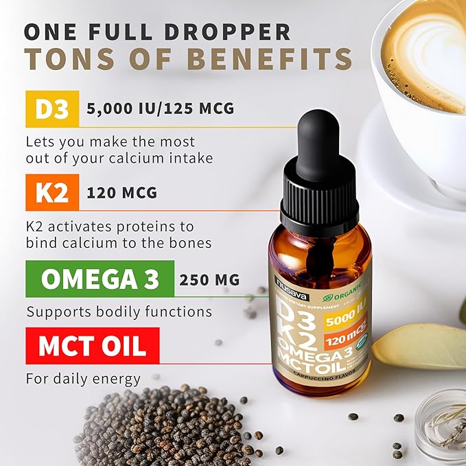 (2 Pack) Organic Vitamin D3 K2 Drops with MCT Oil Omega 3 5000 IU Maximum Strength Vitamin D Liquid No Fillers Non-GMO Liquid D3 for Faster Absorption Immune Support (Cappuccino Flavor 2 Fl Oz)