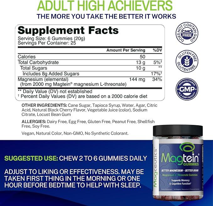 Magtein Gummies - Magnesium L-Threonate Gummy Brain Support Focus Supplement Boost Memory &amp Cognitive Function - 150 Vegan Gummies