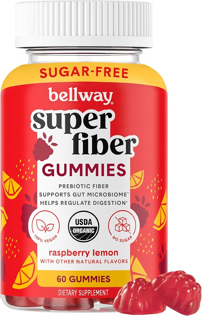 Bellway Super Fiber Gummies for Adults - Sugar Free Organic Fiber Supplement Gummies with 4g of Fiber per Serving - Prebiotic Chicory Root Fiber for Digestive Gut Health Raspberry Lemon 60 Count