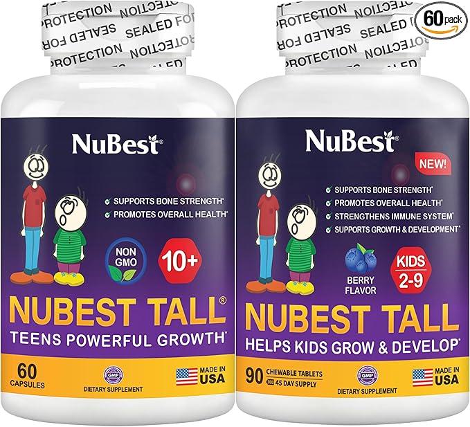 NuBest Bundle Tall 10+ 60 Capsules Tall Kids 90 Chewable Tablets | Height Growth Support for Kids &amp Teens | Calcium Vitamins D3 K2 Collagen &amp Herbal Blend