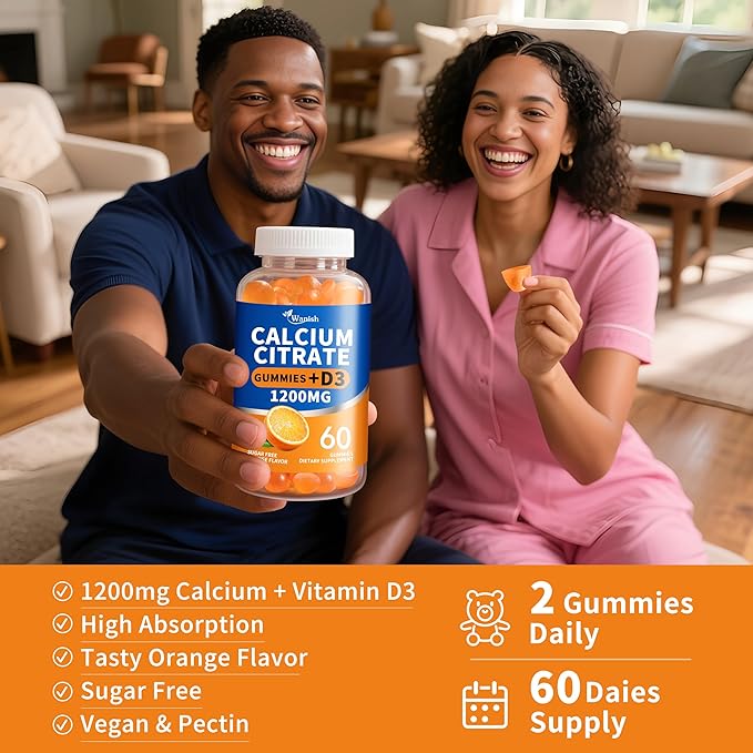 (2 Pack)Calcium Citrate 1200mg with Vitamin D3 Gummies for women &amp MenCalcium Citrate Supplements for Bone &amp Teeth SupportHigh Absorption-Easy to Digest Sugar FreeVeganOrange Flavor60 Da