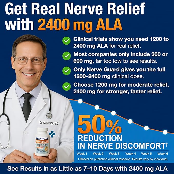 Nerve Relief with 2400 mg Alpha Lipoic Acid – 7 Powerful Nutrients to Support Feet Hands Toes – 2400mg ALA Vitamins B12 B6 &amp B1 Magnesium Turmeric – 60 Capsules
