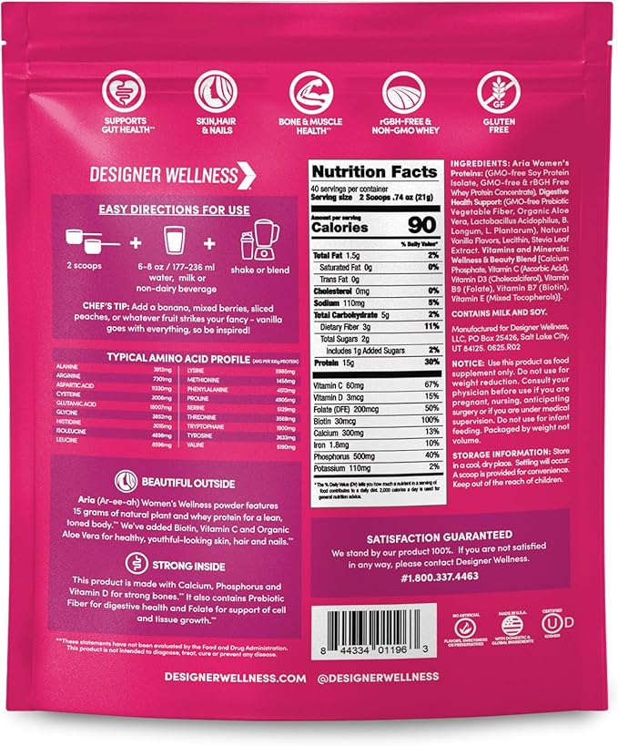 Designer Wellness Aria Women's Wellness Low Calorie Vanilla Protein Powder with Biotin Vitamin C and Organic Aloe Vanilla Blossom 1.85 Pound