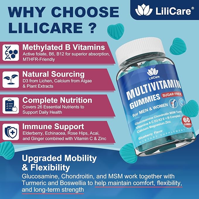 Methylated Multivitamin for Men/Women Gummies Mens/Womens Multivitamin 50 Plus with Glucosamine Chondroitin MSM Echinacea Sugar Free Chewable Multi Vitamins B D3 K2 A C E for Adults Seniors 120 Cts