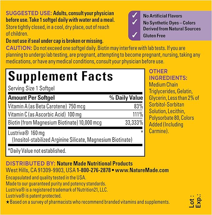 Nature Made Hair Growth Softgels Clinically Studied Lustriva + Biotin Vitamin C &amp A Hair Growth Vitamins - Support Healthy Hair as You Age 30 Softgels 30 Day Supply