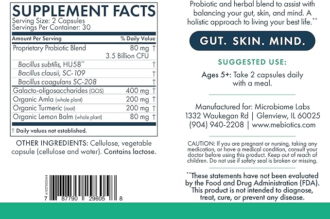 Microbiome Labs Mebiotics Probiotic &amp Herbal Supplement Balanced 1 - Bacillus Subtilis &amp Lemon Balm for Skin and Gut Health - Oral Probiotics to Support Gut Mind &amp Skin (60 Count)