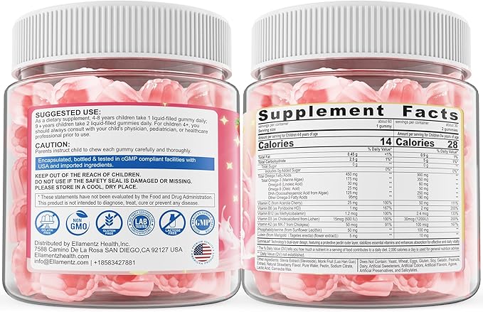 Kids Omega 3 Gummies for 4+ with DHA Vitamins D3 K2 C B6 Methyl B12 Luetin &amp PS No Fish Taste Sugar Free Omega 3 Fish Oil Alternative for Children for Brain Bone Eyes Focus Immunity 120 C