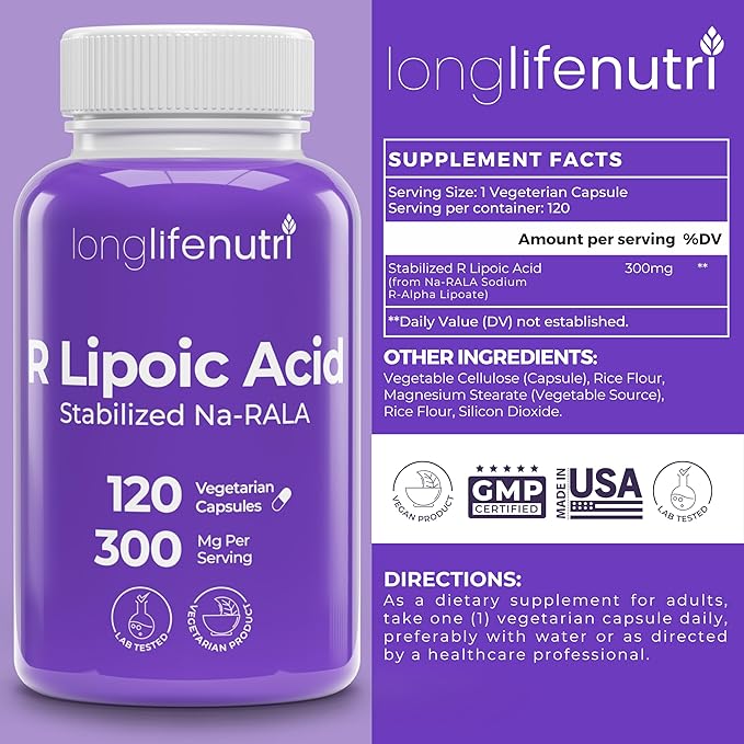 LongLifeNutri R-Alpha Lipoic Acid 300 mg + CurcuPEA+ (Palmitoylethanolamide + Turmeric Complex 600/1000 mg) Bundle - 120-180 Capsules Cellular Energy &amp Natural Antioxidant GMP Certified Made in