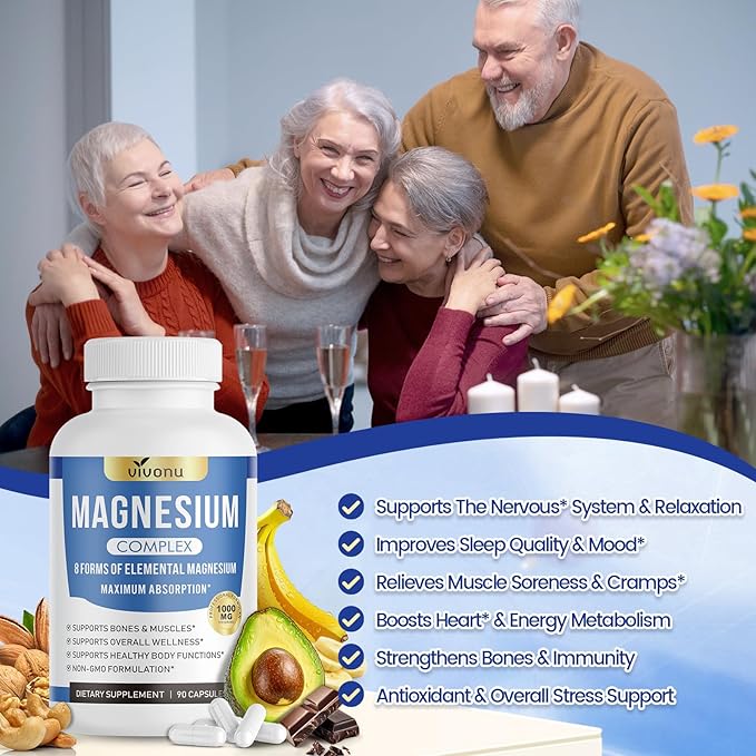 1000mg Magnesium Complex Capsules 8 Elemental with Magnesium Glycinate Citrate Malate Taurate Oxide Carbonate Aspartate Orotate for Bones Muscle Recovery Energy Vegan Non-GMO 4 Bottle