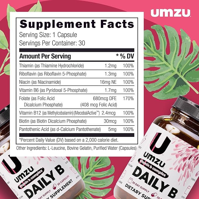 UMZU Daily B 30 Day Supply – Complete Vitamin B Complex Supplement Blend with B1 B2 B3 B5 B6 B7 B9 &amp B12 Plus Folic Acid &amp Biotin – Supports Energy Focus Mood Metabolism &amp Overal