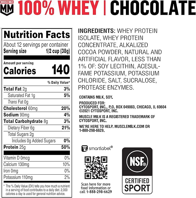 Muscle Milk 100% Whey Protein Powder Chocolate 5 Pound 66 Servings 25g Protein 2g Sugar Low in Fat NSF Certified for Sport Energizing Snack Workout Recovery Packaging May Vary