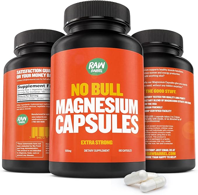 “No Bull” Magnesium Capsules Unique Magnesium Citrate and Oxide Formula for Sleep and Relaxation Magnesium Pills to Prevent Muscle Aches and Spasms Magnesium Oxide Citrate 500g
