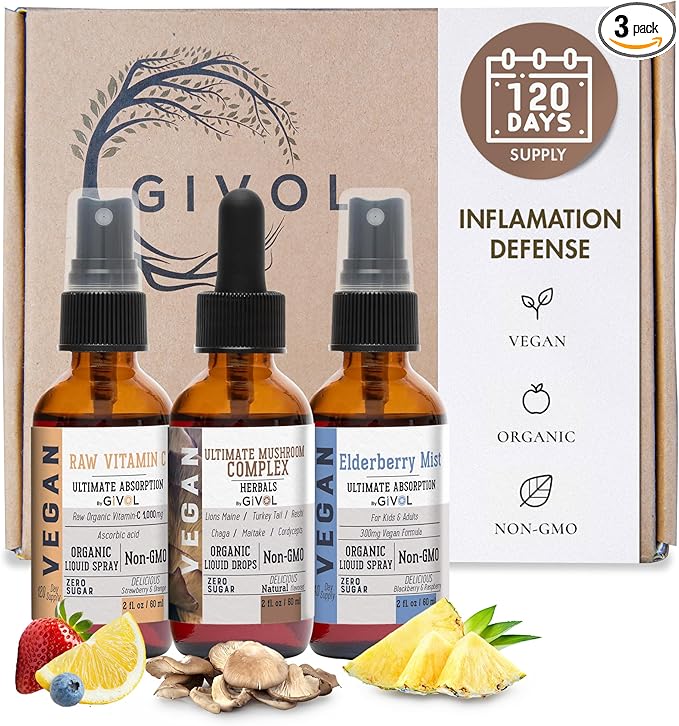 Inflammation Defense Bundle: Ultimate Mushroom Complex with Lions Mane Reishi Cordyceps &amp Chaga Raw Vitamin C and Bromelain | Non-GMO | Gluten-Free | Sugar-Free | 2 Fl Oz | 240-Days Supply