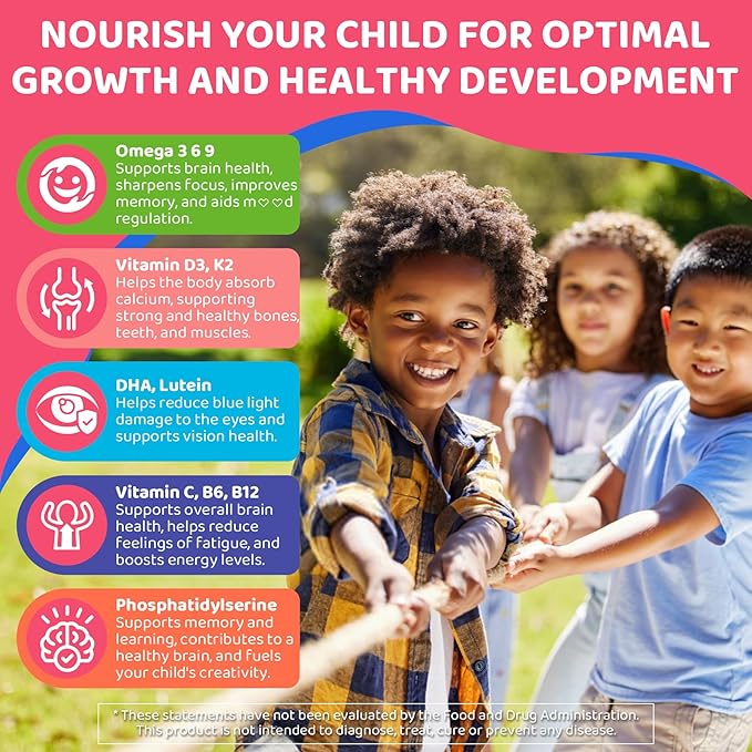 Kids Omega 3 Gummies for 4+ with DHA Vitamins D3 K2 C B6 Methyl B12 Luetin &amp PS No Fish Taste Sugar Free Omega 3 Fish Oil Alternative for Children for Brain Bone Eyes Focus Immunity 60Cts