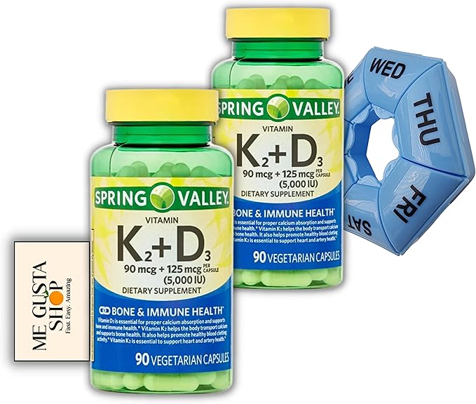 Spring Valley Vitamin K2 90mcg D3 125mcg 90 Count Vegetarian Capsule 180 Total Pack of 2 Includes Pills Organizer + Me Gustas Sticker