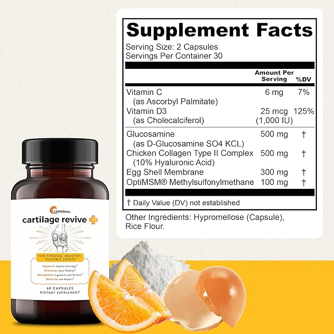 UpWellness Cartilage Revive + Joint Support Supplement for Men and Women with Type II Collagen for Joints - D-Glucosamine Sulfate MSM Vitamin D3 Vitamin C and More - 60 Capsules