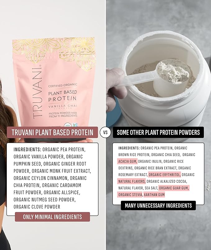 Truvani Vegan Pea Protein Powder | Vanilla Chai | 20g Organic Plant Based Protein | Single Serving Travel Packets | 10 Servings | Keto | Gluten &amp Dairy Free | Low Carb | No Added Sugar