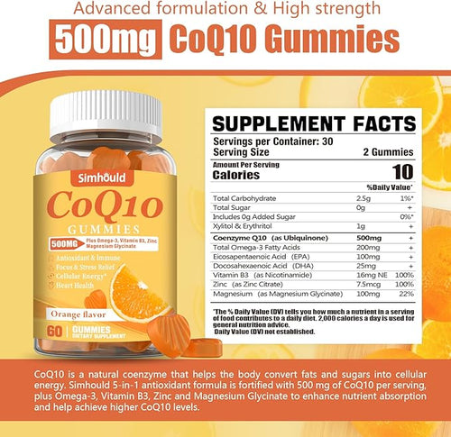 2 Pack CoQ10 500MG Gummies - Plus Omega-3 Magnesium Vitamin B3 &amp Zinc - 3X Better Absorption Coenzyme Q10 Supplements for Heart Health Cellular Energy &amp Antioxidant Non-GMO 120 Counts