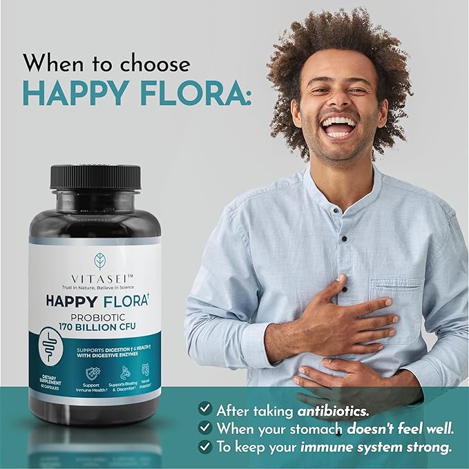 VITASEI Happy Flora Probiotic Supplement 170 Billion CFU for a Healthy Gut Health with enzymes for Digestion probiotics for Women and Men 1 Bottle - 60 Capsules