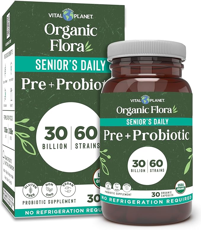 Vital Planet - Organic Flora Probiotics for Senior’s Daily Shelf Stable Probiotic 30 Billion CFU 60 Diverse Strains with Organic Prebiotics for Immune Support and Digestive Health 30 Capsules