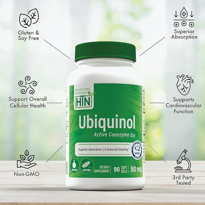 Health Thru Nutrition Ubiquinol 50mg 90 Softgels as Kaneka QH Reduced CoQ-10 | Stabilized - 3rd Party Tested | Enhanced Bioavailability | Cardiovascular &amp Mitochondria Function Support | Non-GMO