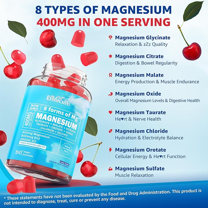 Magnesium Complex Gummies 400mg | as 8 Forms of Magnesium Glycinate Malate Citrate Taurate Oxide &amp More | w/Ashwagandha Extract D3 &amp B12 Supports for Calm Zzz Mood Muscle Cramp - Vegan