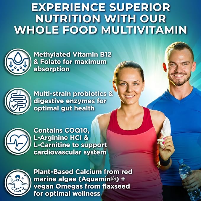 Vegan Whole Food Daily Multivitamin Without Iron Methylated Multivitamin for Women and Men Made with Fruits &amp Vegetables B-Complex Probiotics Enzymes CoQ10 Omegas Turmeric Non-GMO 180 Co