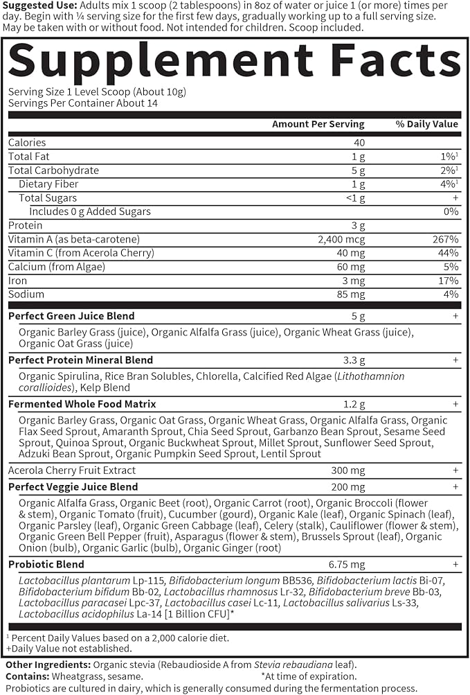 Garden of Life Perfect Food Super Green Formula - 14 Servings | 45 Superfoods Greens Fruit &amp Veggie Juice Superfood Powder Supplement Probiotics &amp Organic Spirulina for Digestion &amp Immu