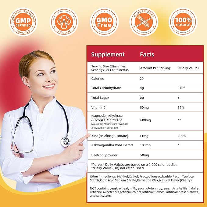 90 Count Magnesium Glycinate Gummies 400mg w/Ashwagandha Supplement - Sugar Free Zinc Magnesium Glycinate Supplement Ashwagandha Gummies for Adults Pineapple Flavor