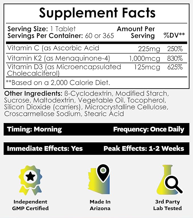 Nootropics Depot Vitamin D3 + K2 with Vitamin C Tablets | 60 Count | Cholecalciferol + Menaquinone-4 (MK-4) | Mood &amp Bone Health | Healthy Calcium Absorption