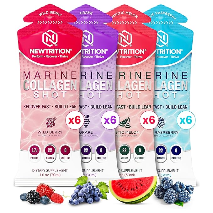 NewTrition® 17000mg Liquid Protein Shots Fast-Absorbing with Hydrolyzed Marine Collagen 22 Amino Acids Vitamin B12 Zero Sugar &amp Caffeine Recovery Marine Collagen Shots - Easy Protein Packets 1