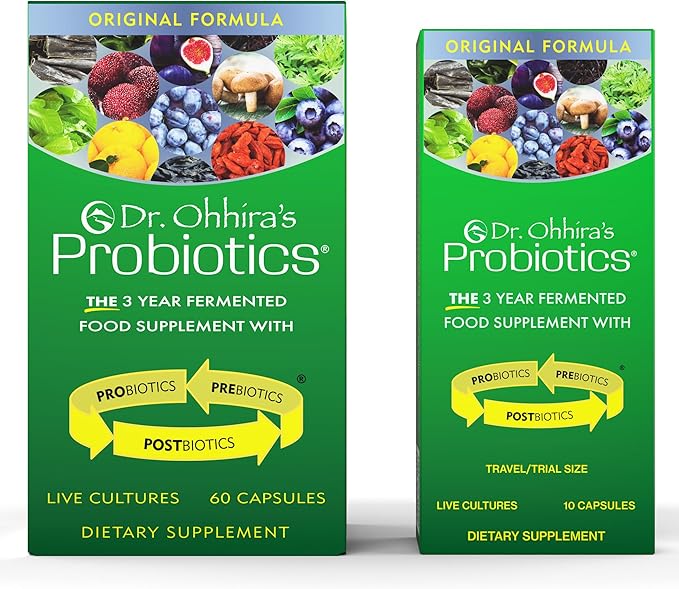 Essential Formulas Dr. Ohhira's Probiotics Original Formula 60 Caps with Bonus 10 Capsule Travel Pack - 13 Probiotic Strains with Prebiotics and Postbiotics (Pack of 2)