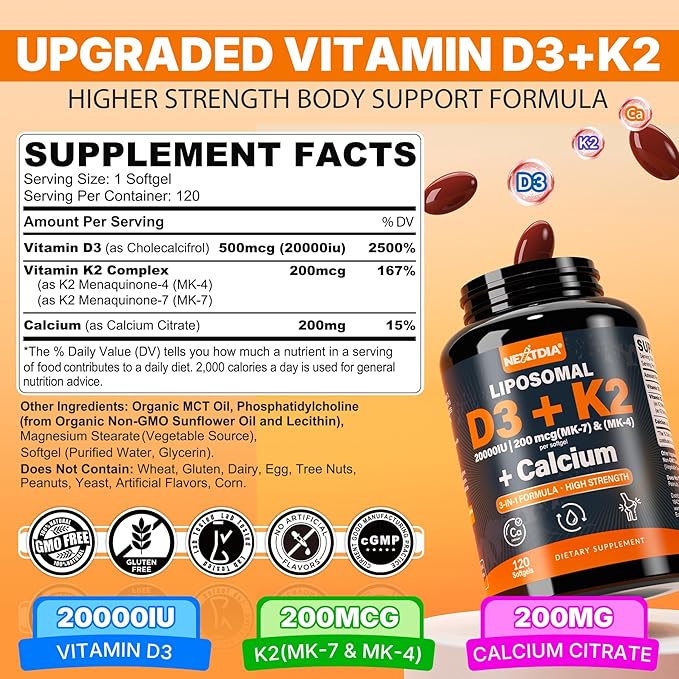 Vitamin D3 20000 IU + K2 Vitamin (MK4 &amp MK7) 200mcg + Calcium Citrate Optimal Vitamin D3 K2 Softgel - Strong Bone &amp Muscle Calcium Absorption Helping Vitamin D Deficiencies Easy to Swallo