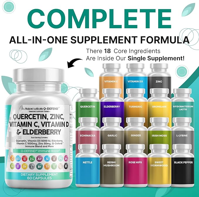 Clean Nutraceuticals Quercetin Zinc Vitamin C Vitamin D Bromelain Elderberry - Lung Immune Support Supplement Adults with Artemisinin Sea Moss Echinacea Allergy Relief (60 Count (Pack of 5))