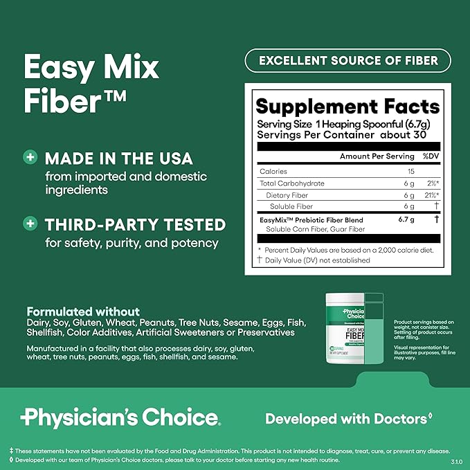 Physician's CHOICE Daily Gut Essentials Bundle: Easy Mix Fiber Digestive Enzymes &amp 60 Billion Probiotic