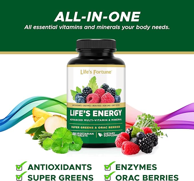 Life's Energy Advanced Daily Multivitamin for Men &amp Women Energy and Immune Support Supplement with Super Greens Antioxidants Enzymes - Iron Free Vegetarian 60 Tablets by Life's Fortune