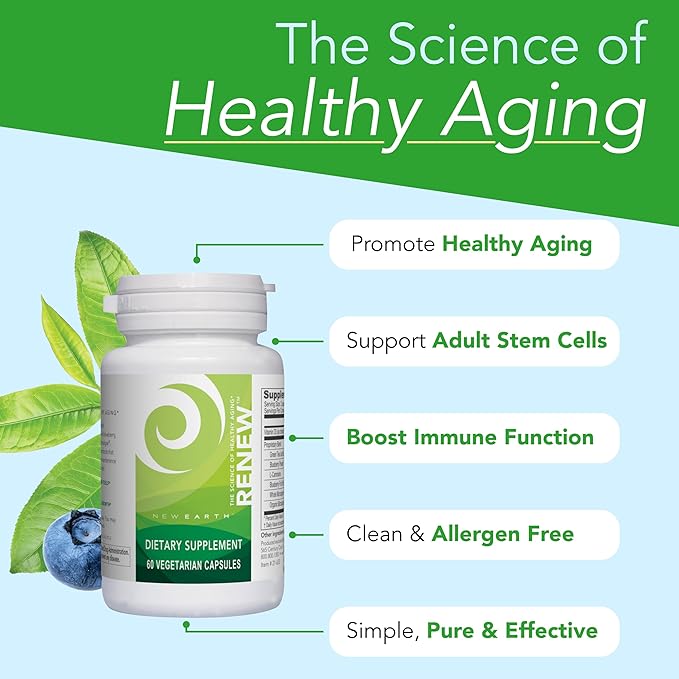 New Earth Renew - Support Cellular Health &amp Healthy Aging | Stem Cell Support Supplement with Antioxidants Superfoods &amp Vitamin D3-60 Capsules
