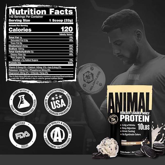 Animal Whey Isolate Protein Powder - Loaded for Pre &amp Post Workout Muscle Builder and Recovery with Digestive Enzymes for Men &amp Women - 25g Protein Great Taste Low Sugar - Cookies &amp Crea