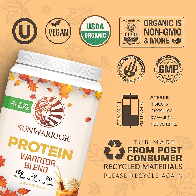 Sunwarrior Vegan Protein Powder Plant-Based USDA Organic Protein BCAA Amino Acids Hemp Seed Keto Friendly Soy Dairy Gluten &amp Synthetic Free Non-GMO Pumpkin Spice Flavored 30 Servings