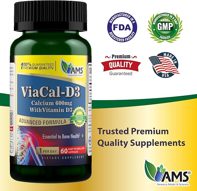 America Medic &amp Science ViaCal-D3 – Calcium 600mg with Vitamin D3 – Supports Bone Strength Muscle Function &amp Mobility – Helps Maintain Healthy Calcium Levels for Overall Wellness – 60 Capsule