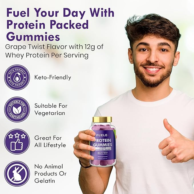 Whey Protein Gummies - Grape Twist Flavour 12g High Protein per Serving - Protein Powder Alternative Vegetarian Convenient Whey Protein Supplement (60 Grape Twist)