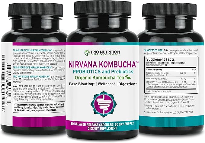 TRIO NUTRITION Nirvana Kombucha - Multi-Strain Probiotics &amp Prebiotic Blend with Organic Tea - Delayed-Release Capsules for Digestive &amp Immune Health - Bloating Relief - Natural pH Balance