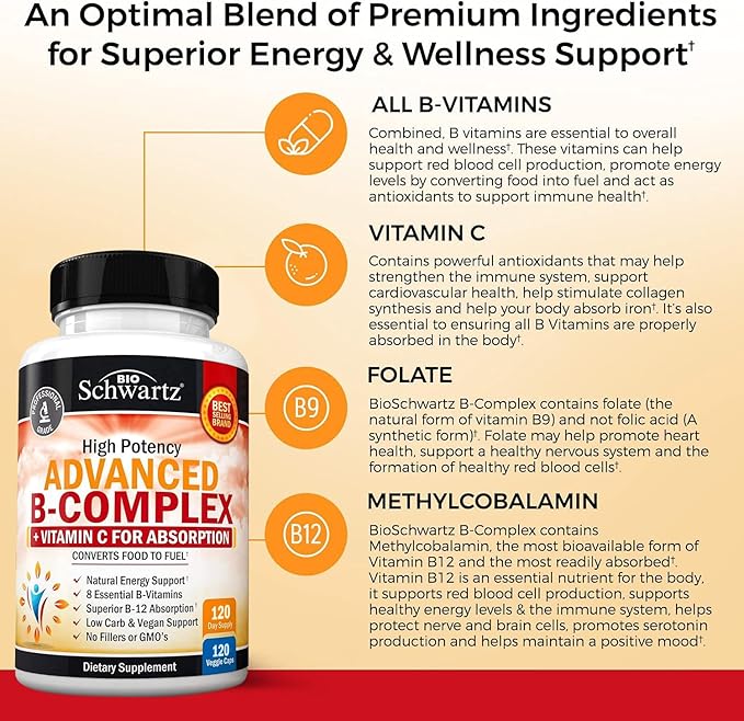 Vitamin B Complex with Vitamin C for Maximum Absorption - Methylcobalamin b12 &amp Folate Folic Acid Supplement - B1 B2 B3 B5 B6 B7 B9 for Immune Energy &amp Nervous System Support - Non-GMO 120 co