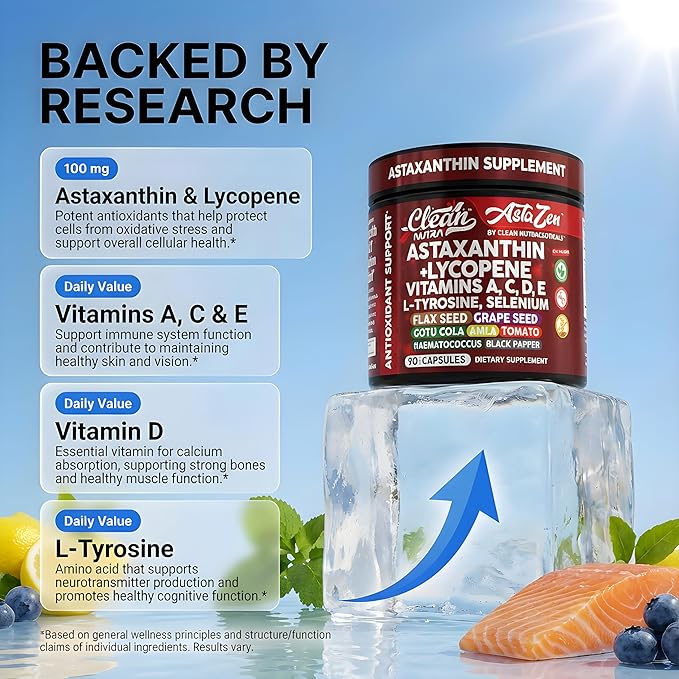 Clean Nutra Astaxanthin 12mg Lycopene Supplement with Vitamin A C D3 E L-Tyrosine Selenium Flax Grape Seed Gotu Kola Amla Black Pepper 90 Complex Veggie Capsules