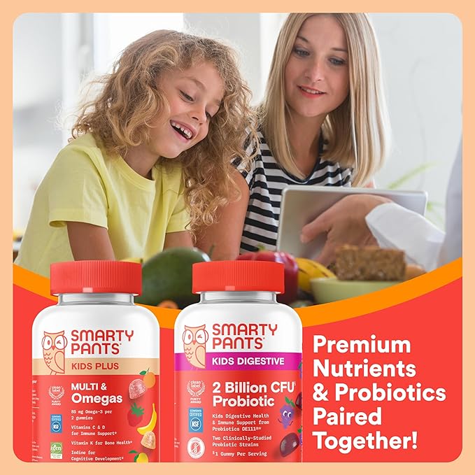 SmartyPants Kids Daily Nutrition &amp Probiotic Bundle: Multivitamin + Probiotic Gummies with 2 Billion CFU Omega-3 Vitamins D3 &amp B12Digestive &amp Immune Support Gluten Free 60 &amp 30 Co